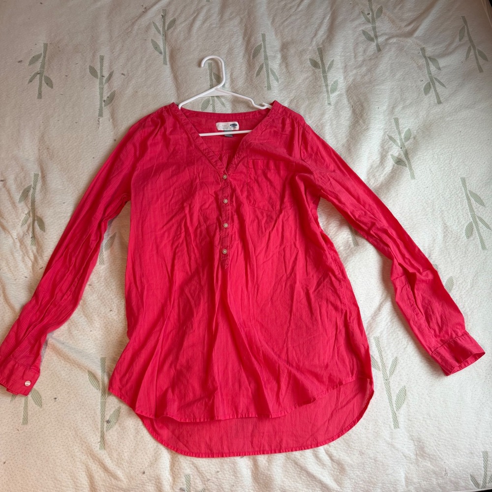 Hot Pink Cotton Tunic Long Sleeve Henley Blouse Top Large Tall Boho Preppy
